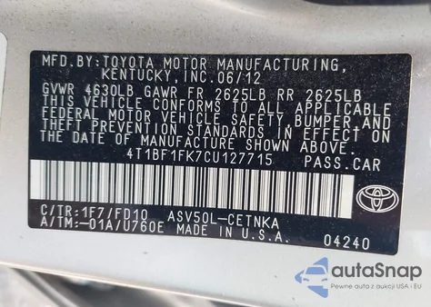 2012 Toyota Camry Le from USA, damaged, VIN 4T1BF1FK7CU127715
